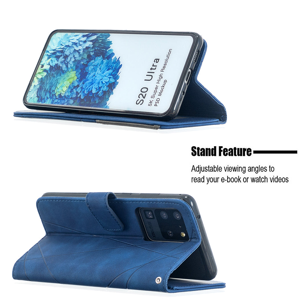 BF05 Leather Case Geometric Texture Wallet Stand Phone Shell for Samsung Galaxy S20 Ultra - Blue