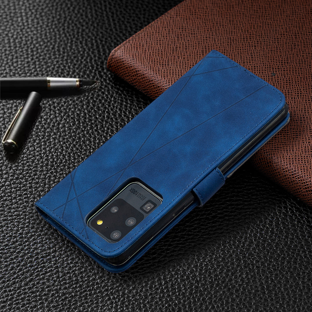 BF05 Leather Case Geometric Texture Wallet Stand Phone Shell for Samsung Galaxy S20 Ultra - Blue