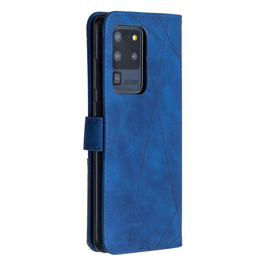 BF05 Leather Case Geometric Texture Wallet Stand Phone Shell for Samsung Galaxy S20 Ultra - Blue