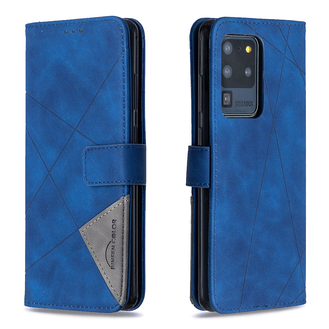 BF05 Leather Case Geometric Texture Wallet Stand Phone Shell for Samsung Galaxy S20 Ultra - Blue