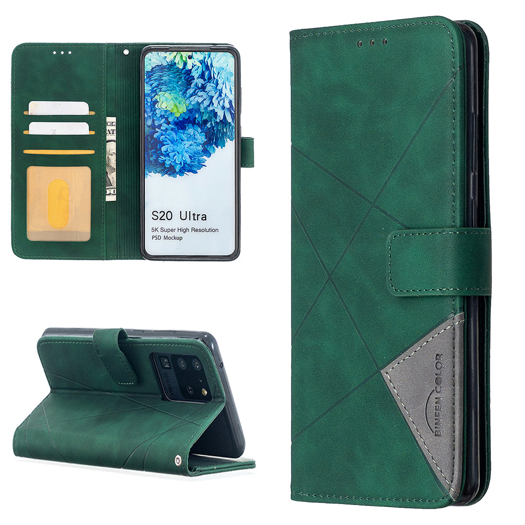 BF05 Leather Case Geometric Texture Wallet Stand Phone Shell for Samsung Galaxy S20 Ultra - Green