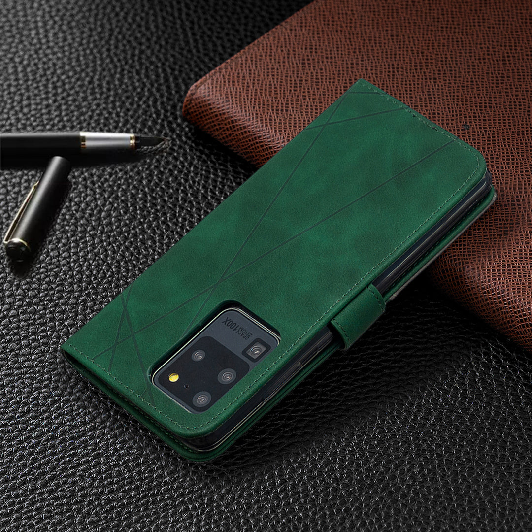 BF05 Leather Case Geometric Texture Wallet Stand Phone Shell for Samsung Galaxy S20 Ultra - Green