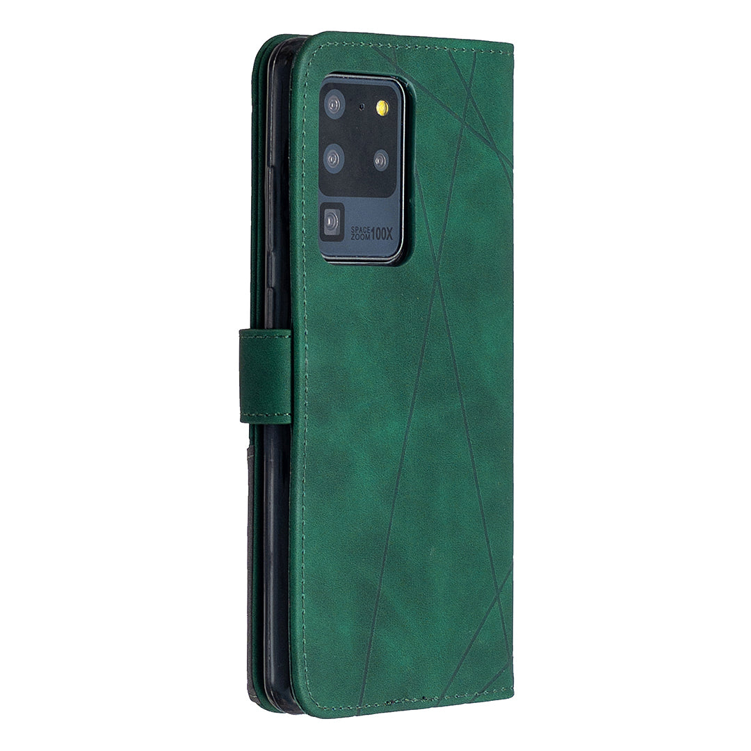 BF05 Leather Case Geometric Texture Wallet Stand Phone Shell for Samsung Galaxy S20 Ultra - Green