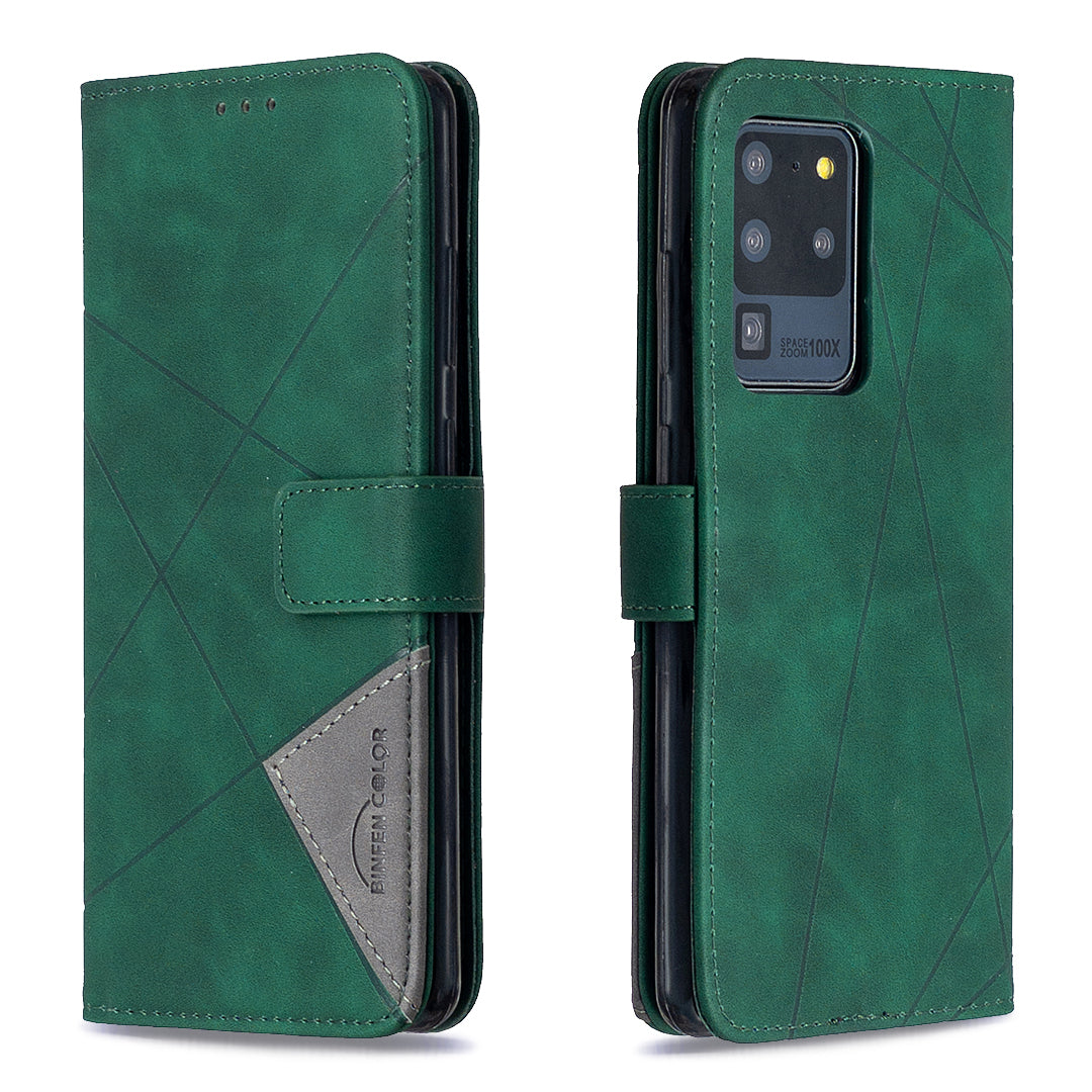 BF05 Leather Case Geometric Texture Wallet Stand Phone Shell for Samsung Galaxy S20 Ultra - Green