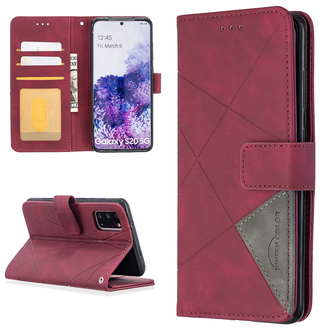 BF05 Style Geometric Texture Leather Cover for Samsung Galaxy S20 4G/S20 5G - Wine Red