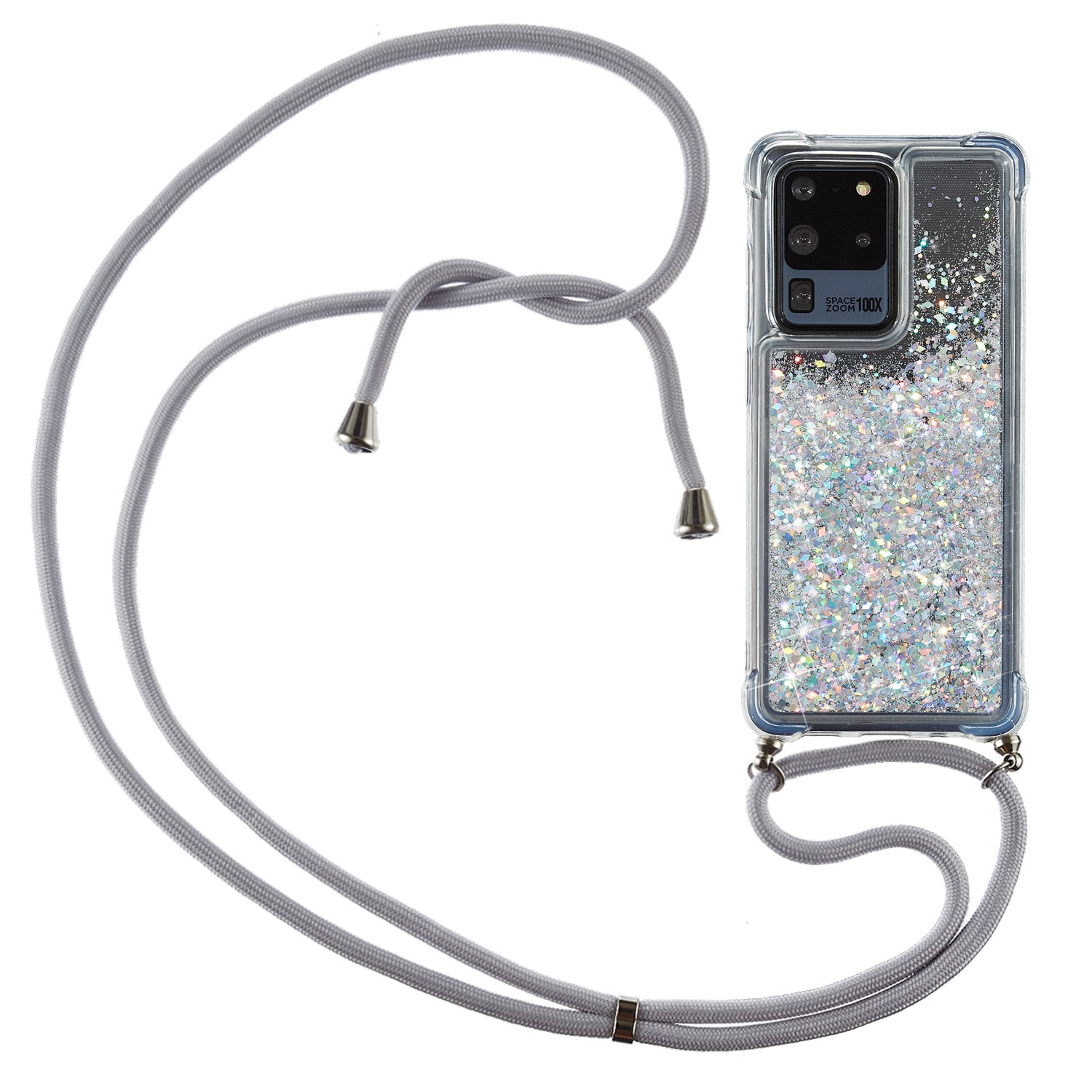 Glitter Powder Quicksand TPU Back Case with Lanyard for Samsung Galaxy S20 Ultra - White