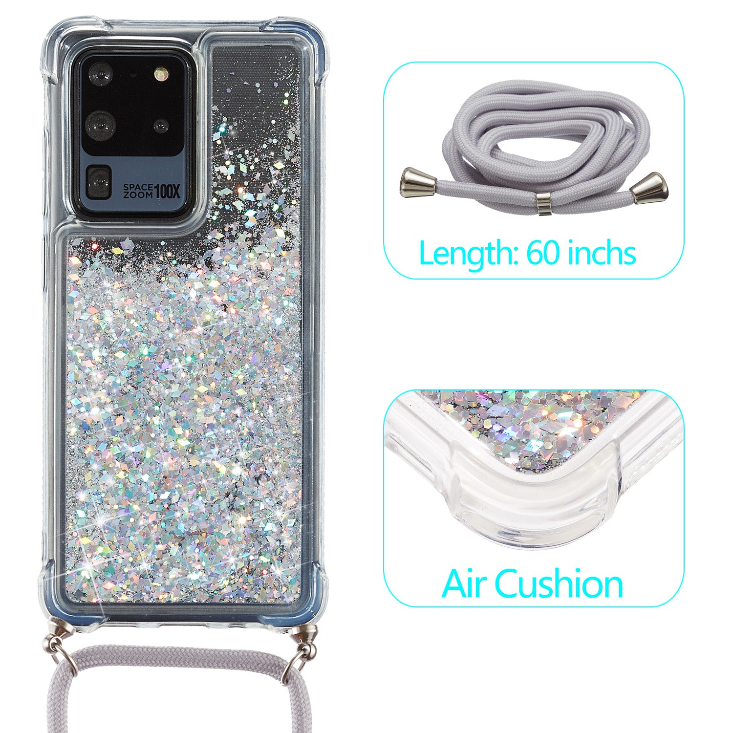 Glitter Powder Quicksand TPU Back Case with Lanyard for Samsung Galaxy S20 Ultra - White