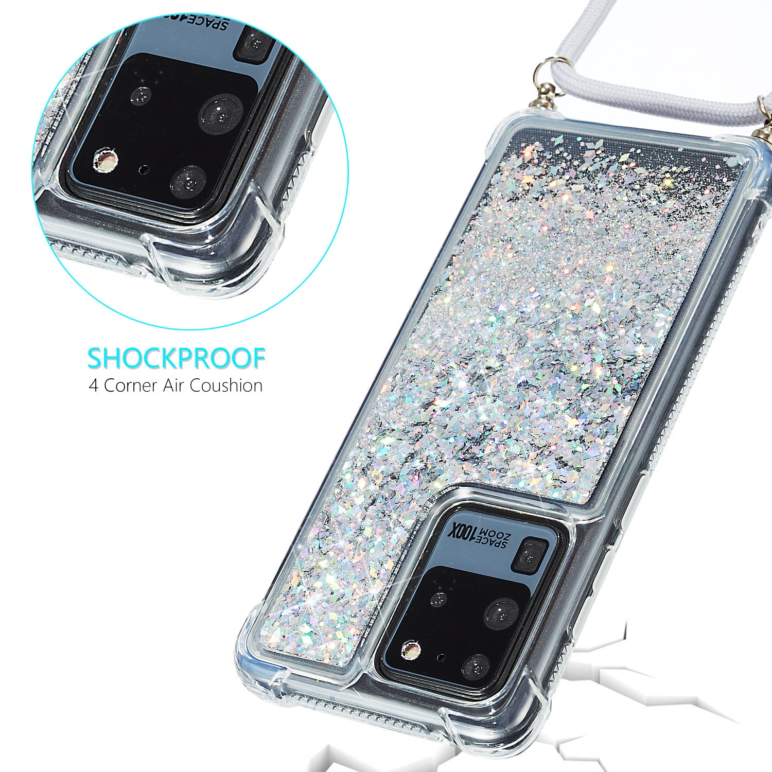 Glitter Powder Quicksand TPU Back Case with Lanyard for Samsung Galaxy S20 Ultra - White