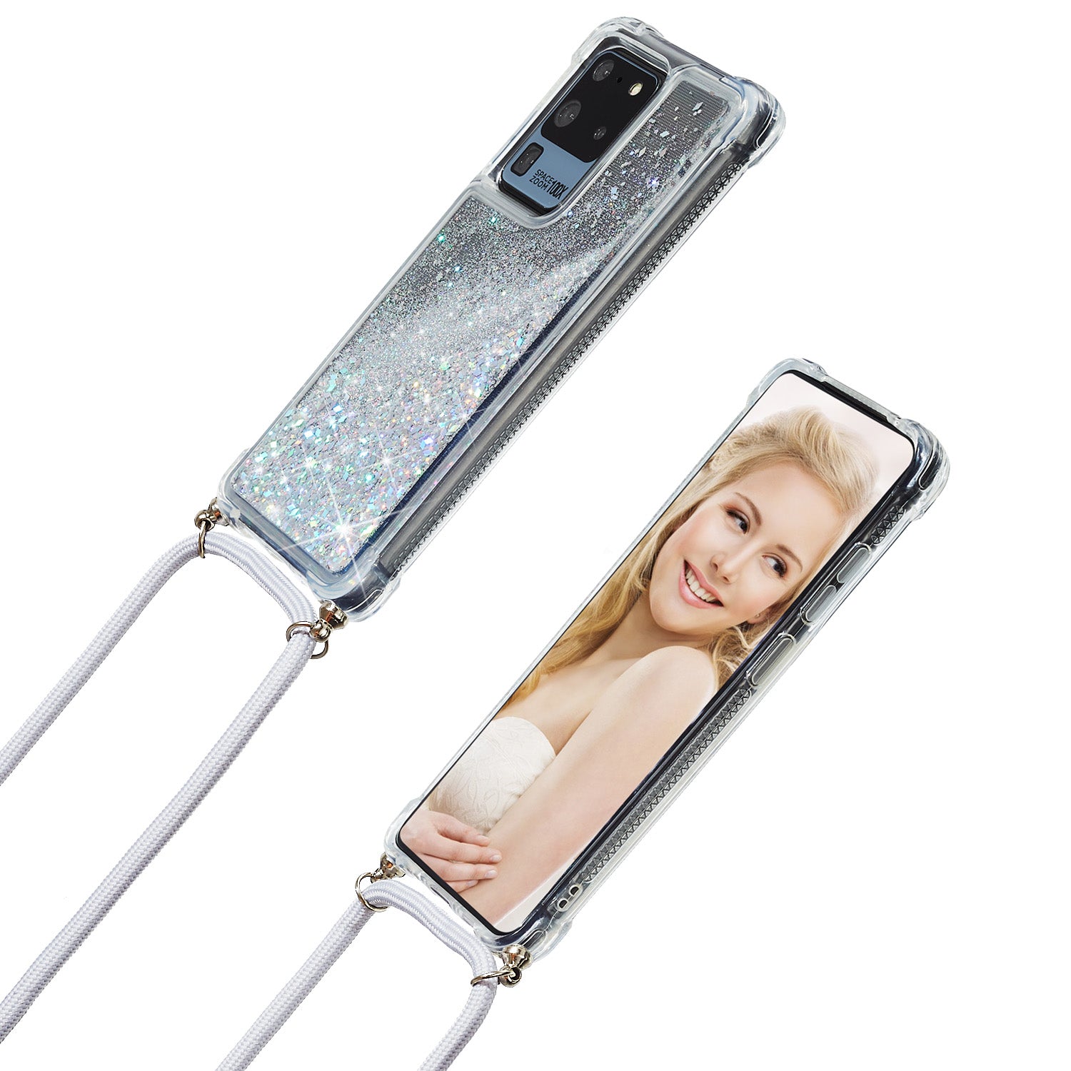 Glitter Powder Quicksand TPU Back Case with Lanyard for Samsung Galaxy S20 Ultra - White