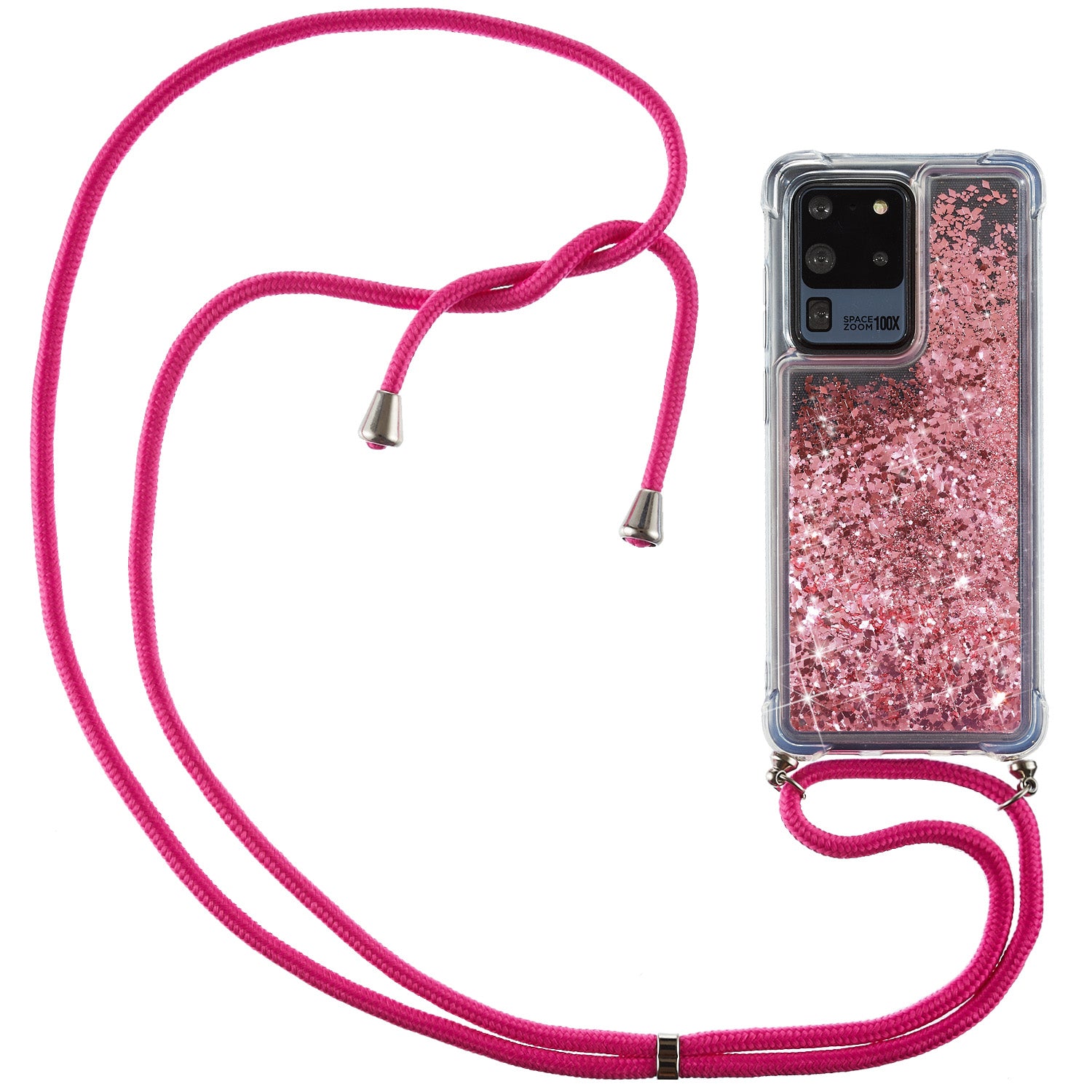 Glitter Powder Quicksand TPU Back Case with Lanyard for Samsung Galaxy S20 Ultra - Rose