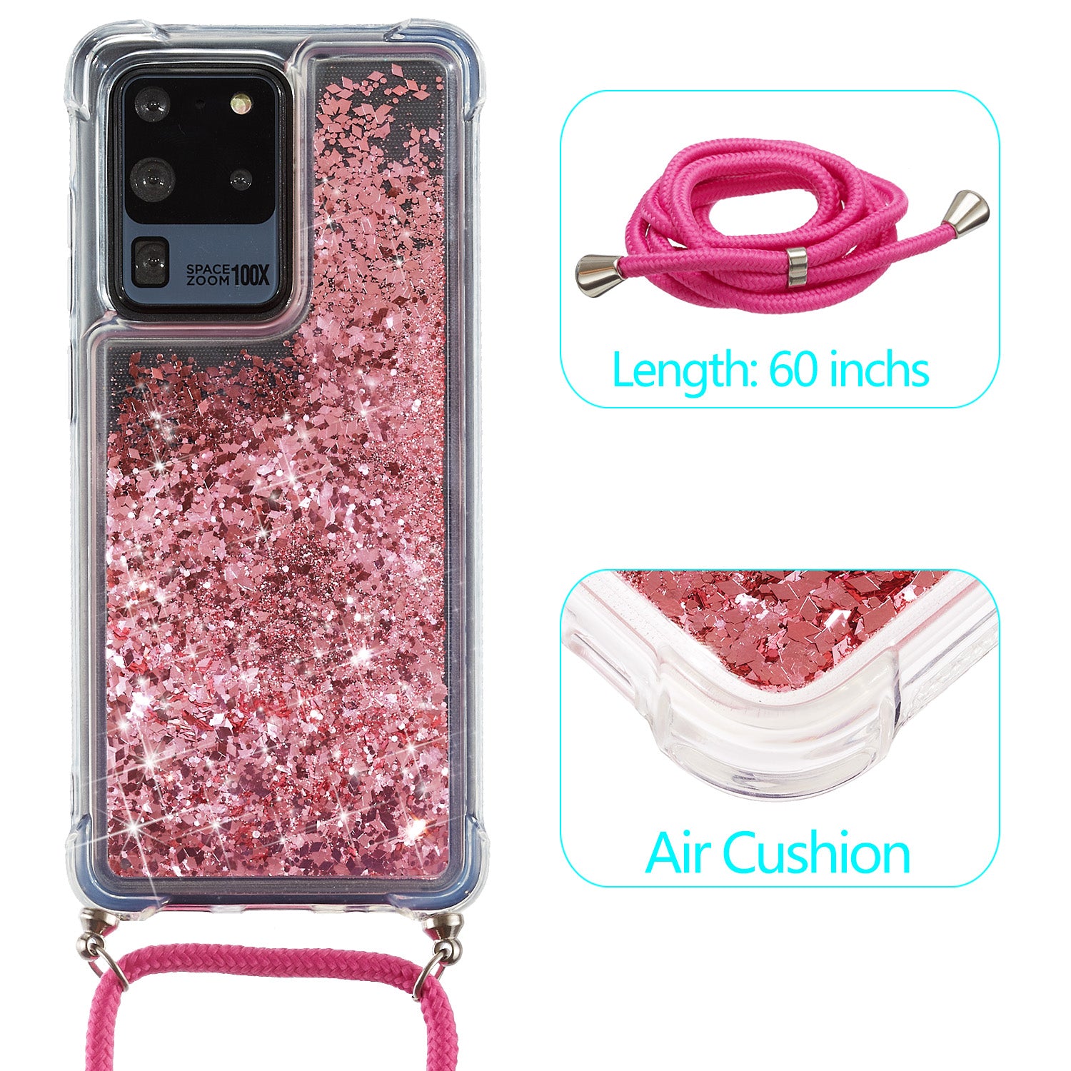 Glitter Powder Quicksand TPU Back Case with Lanyard for Samsung Galaxy S20 Ultra - Rose