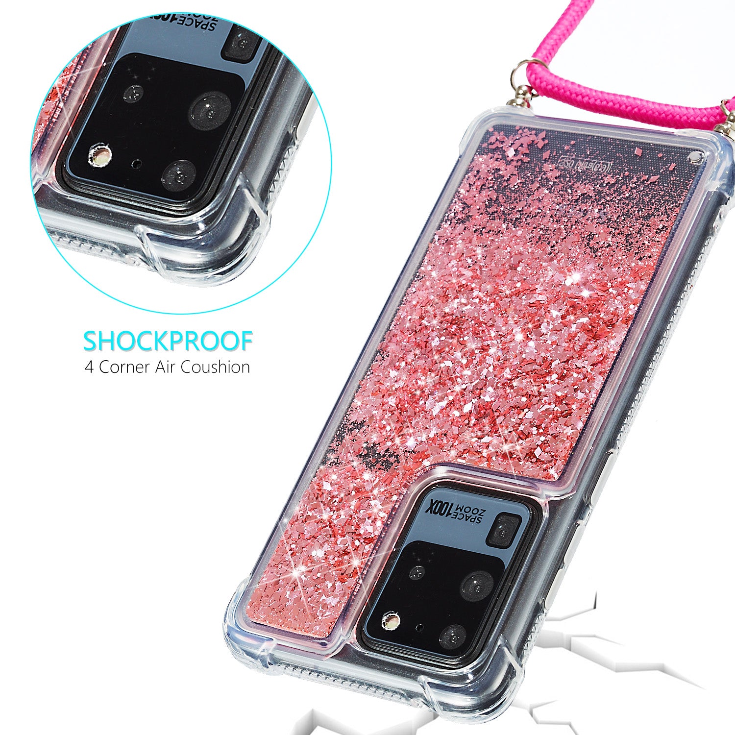 Glitter Powder Quicksand TPU Back Case with Lanyard for Samsung Galaxy S20 Ultra - Rose