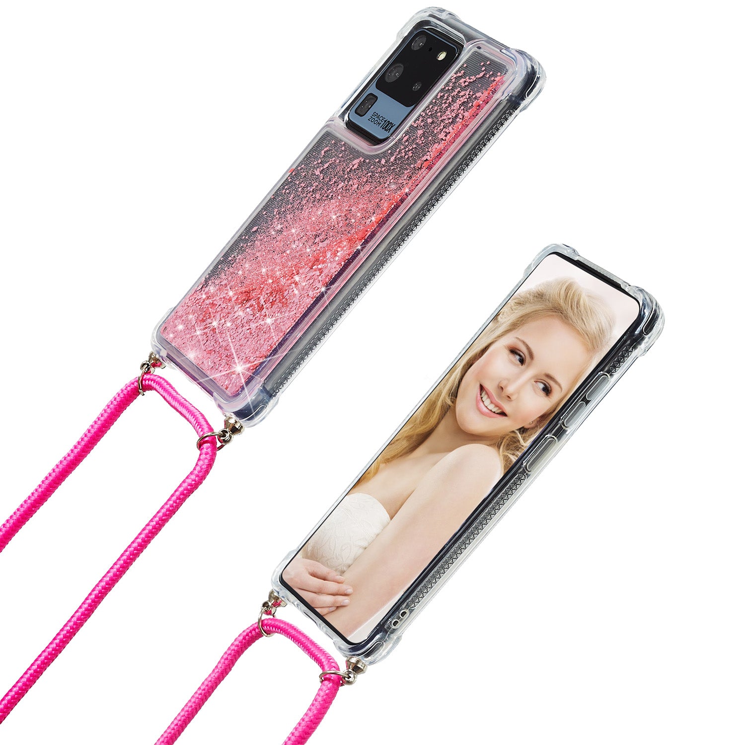 Glitter Powder Quicksand TPU Back Case with Lanyard for Samsung Galaxy S20 Ultra - Rose