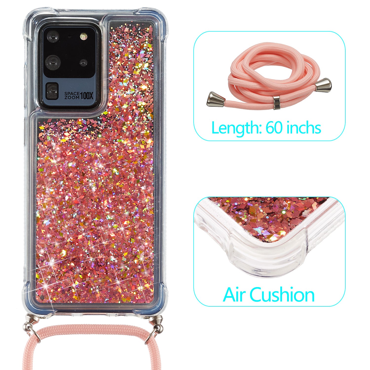 Glitter Powder Quicksand TPU Back Case with Lanyard for Samsung Galaxy S20 Ultra - Orange