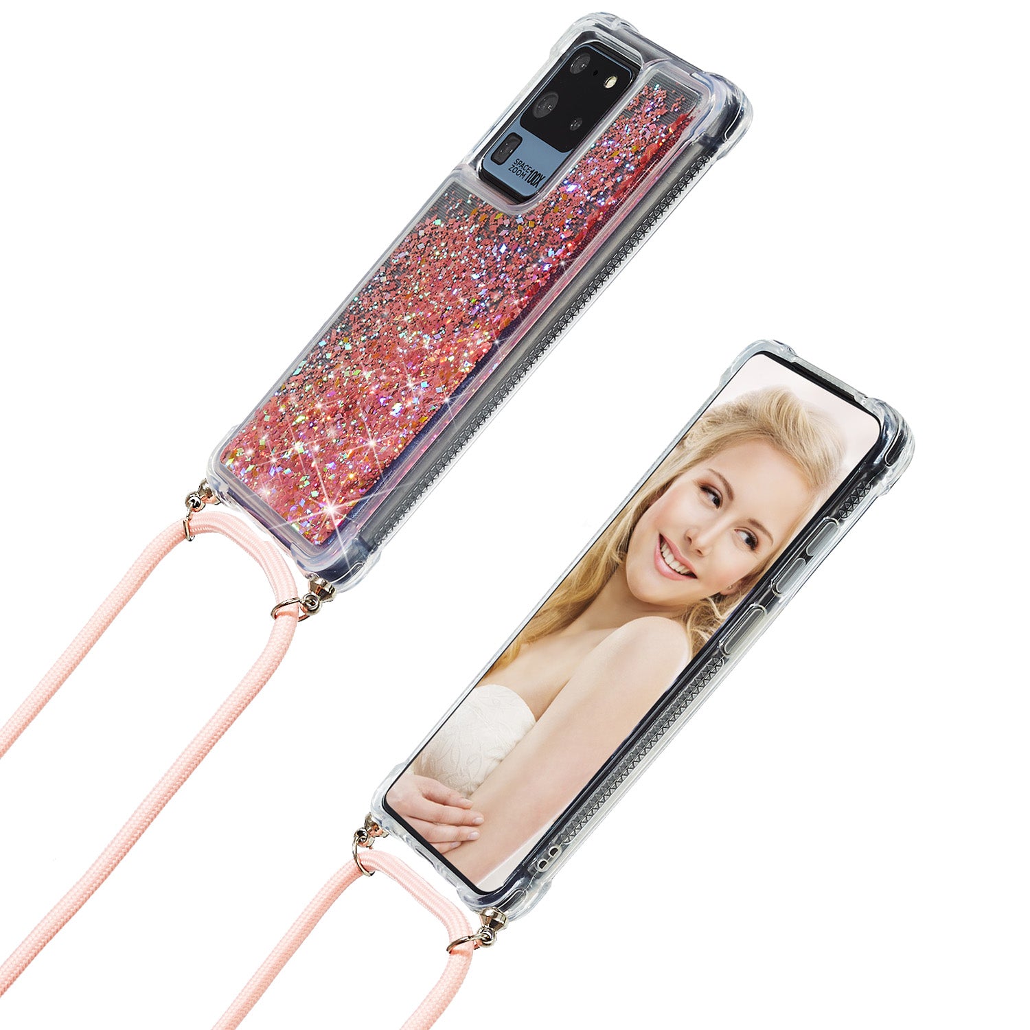 Glitter Powder Quicksand TPU Back Case with Lanyard for Samsung Galaxy S20 Ultra - Orange