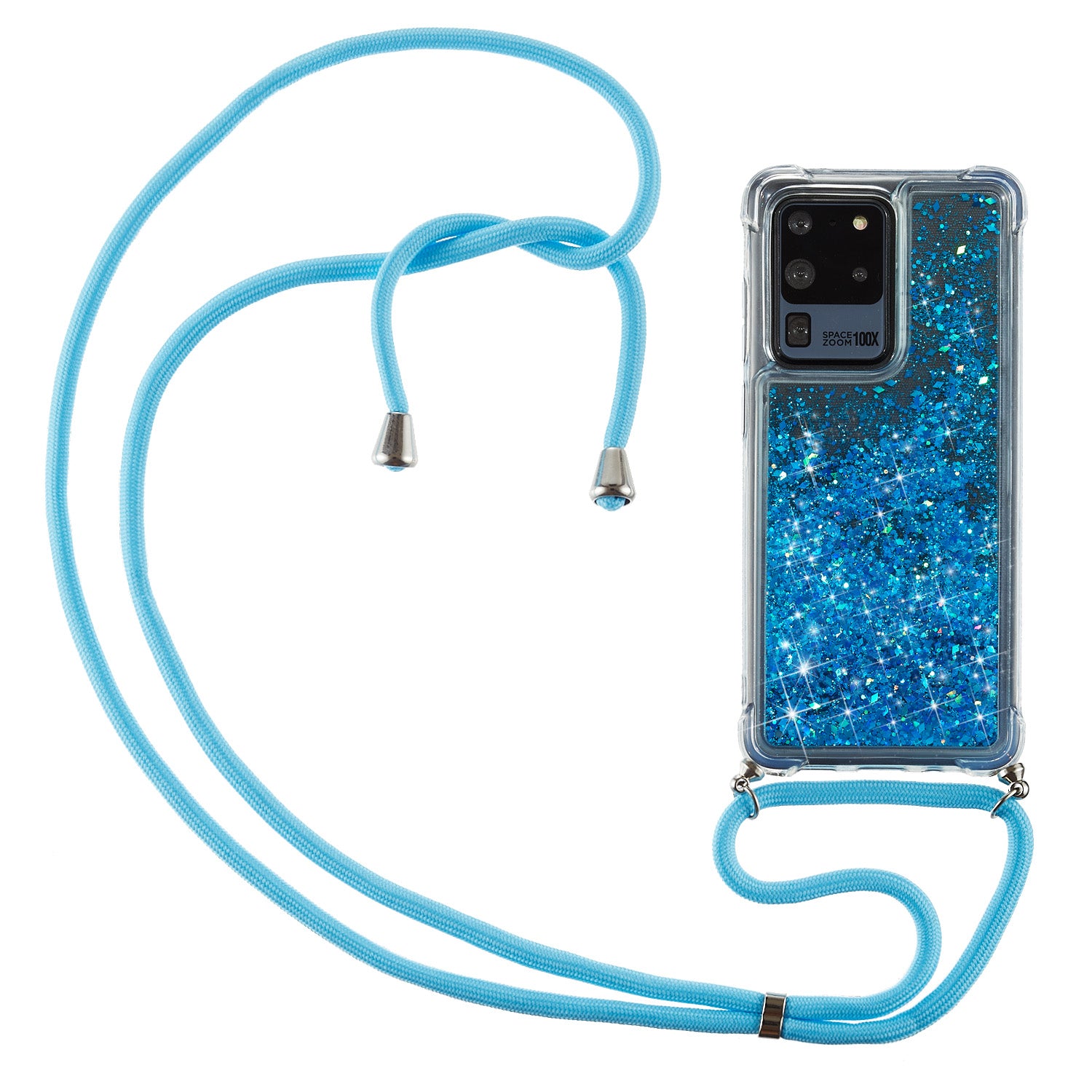 Glitter Powder Quicksand TPU Back Case with Lanyard for Samsung Galaxy S20 Ultra - Blue