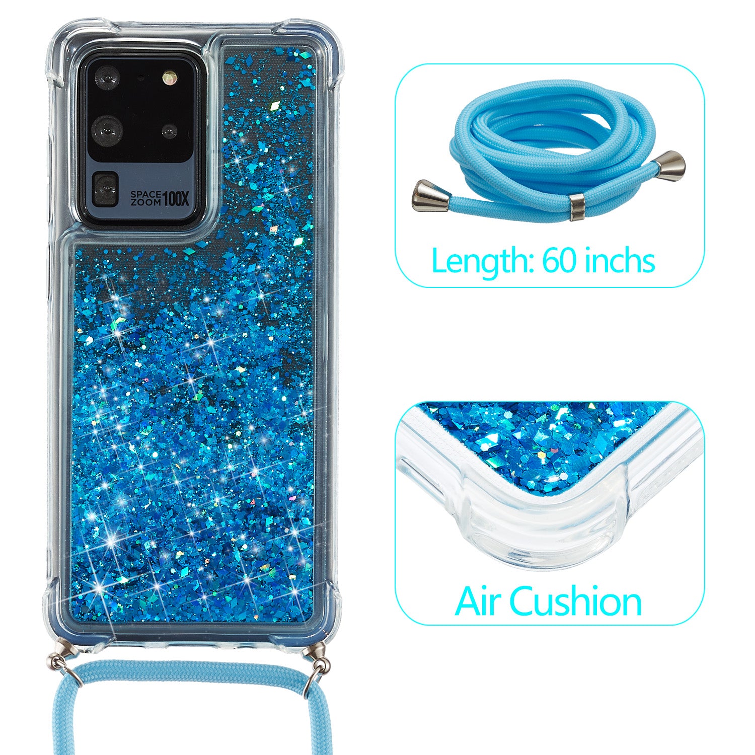 Glitter Powder Quicksand TPU Back Case with Lanyard for Samsung Galaxy S20 Ultra - Blue