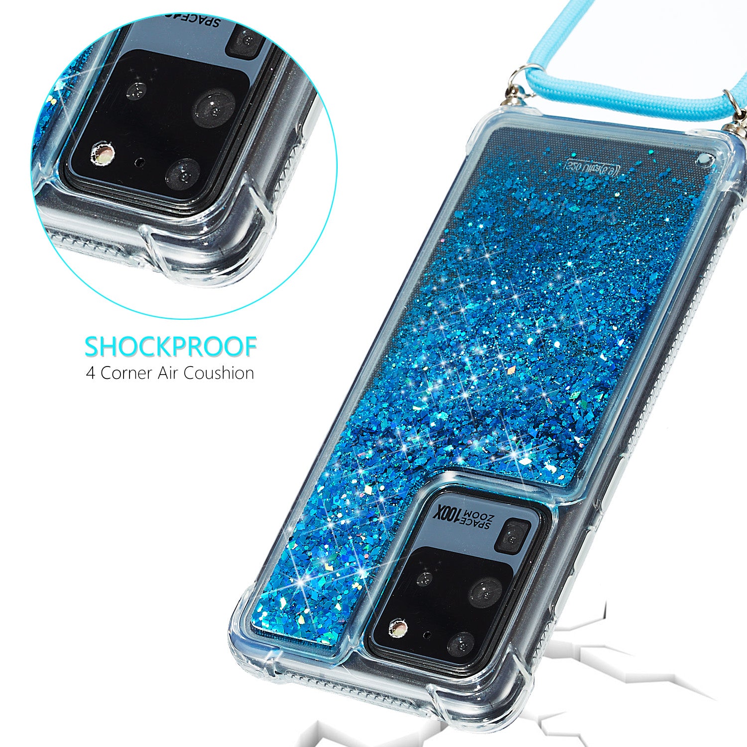 Glitter Powder Quicksand TPU Back Case with Lanyard for Samsung Galaxy S20 Ultra - Blue