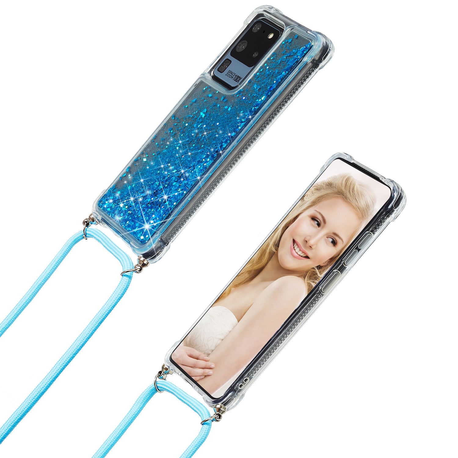 Glitter Powder Quicksand TPU Back Case with Lanyard for Samsung Galaxy S20 Ultra - Blue