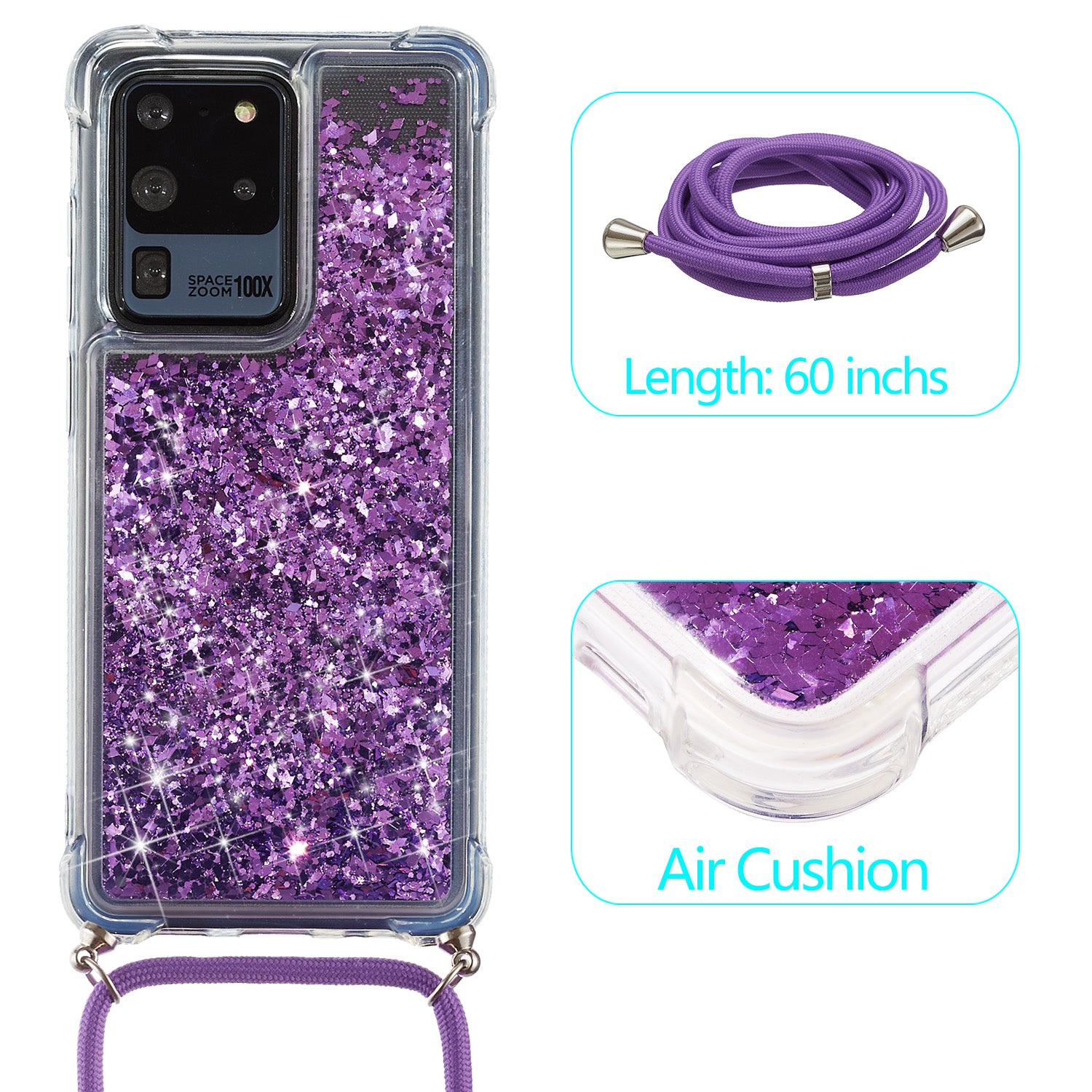 Glitter Powder Quicksand TPU Back Case with Lanyard for Samsung Galaxy S20 Ultra - Purple