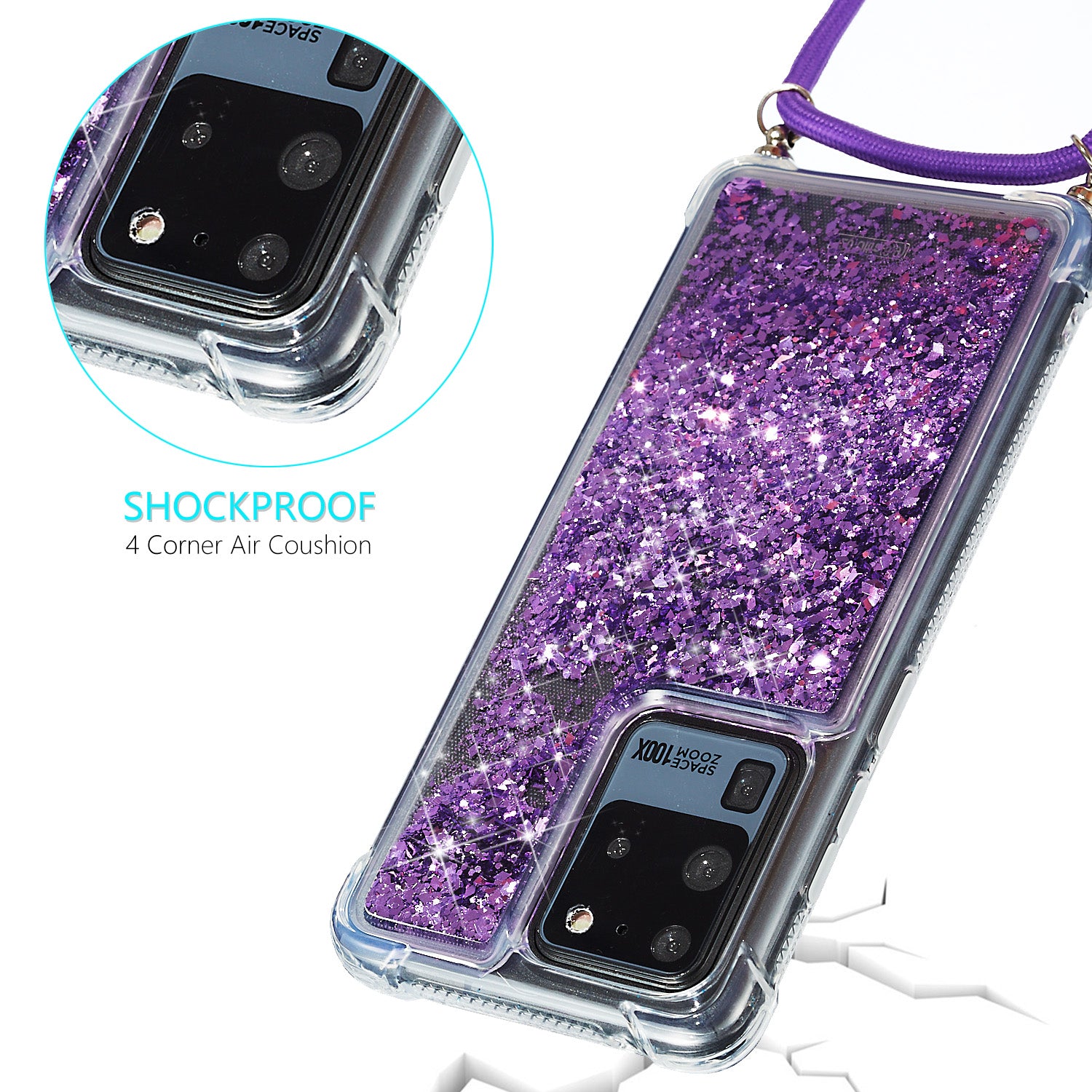 Glitter Powder Quicksand TPU Back Case with Lanyard for Samsung Galaxy S20 Ultra - Purple