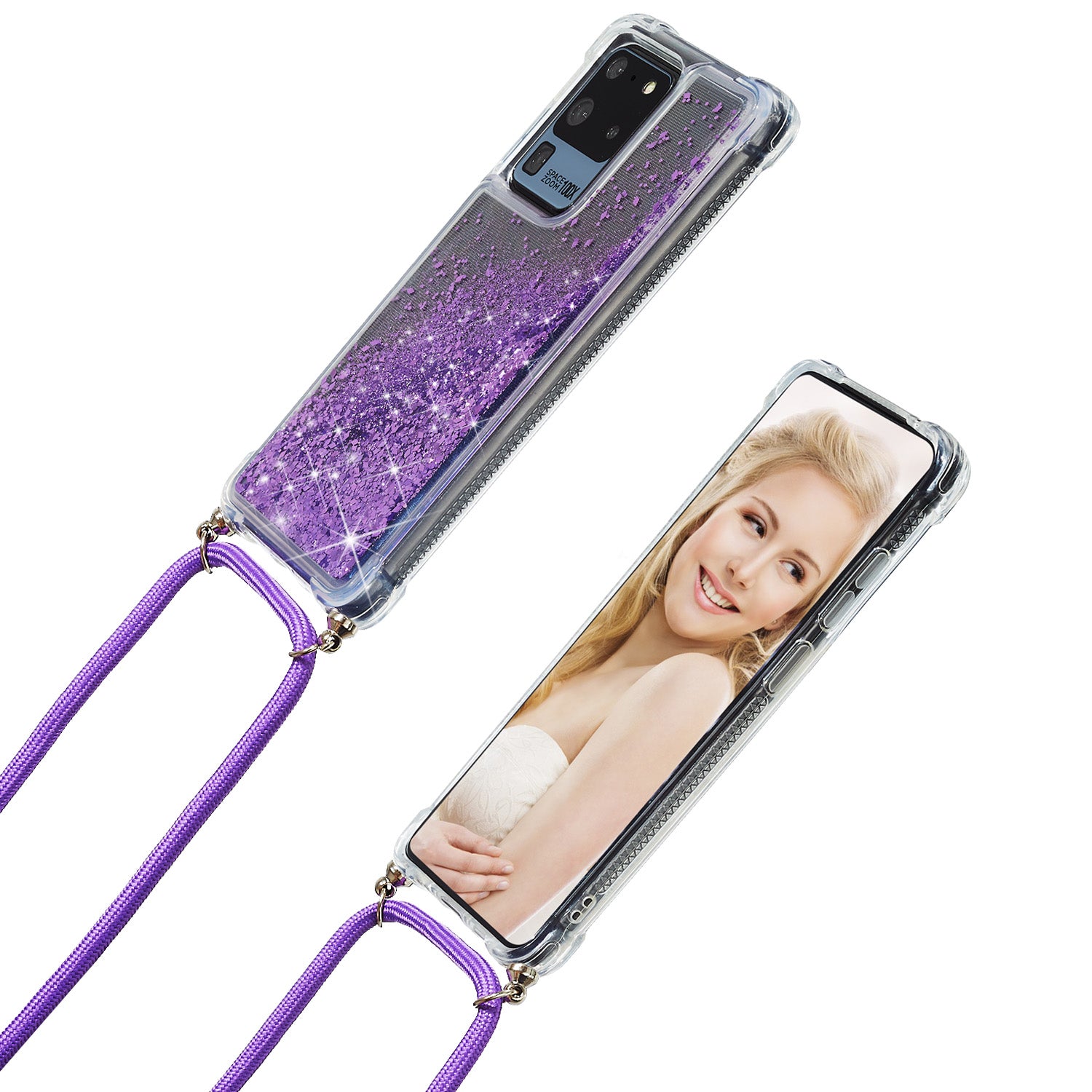 Glitter Powder Quicksand TPU Back Case with Lanyard for Samsung Galaxy S20 Ultra - Purple