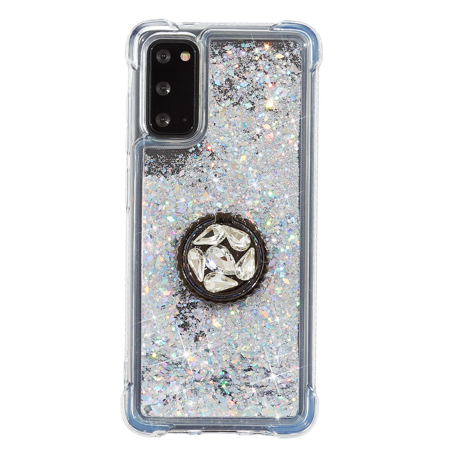 Glitter Powder Quicksand Rhinestone Decor Kickstand TPU Phone Cover for Samsung Galaxy S20 4G/S20 5G - Silver