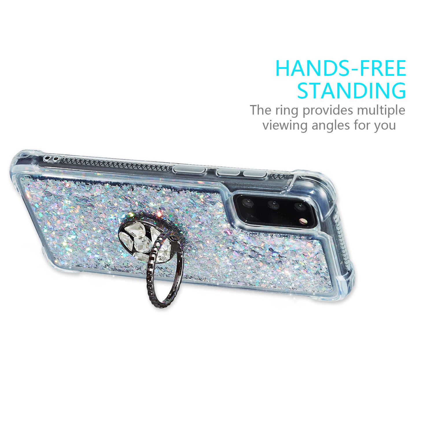 Glitter Powder Quicksand Rhinestone Decor Kickstand TPU Phone Cover for Samsung Galaxy S20 4G/S20 5G - Silver