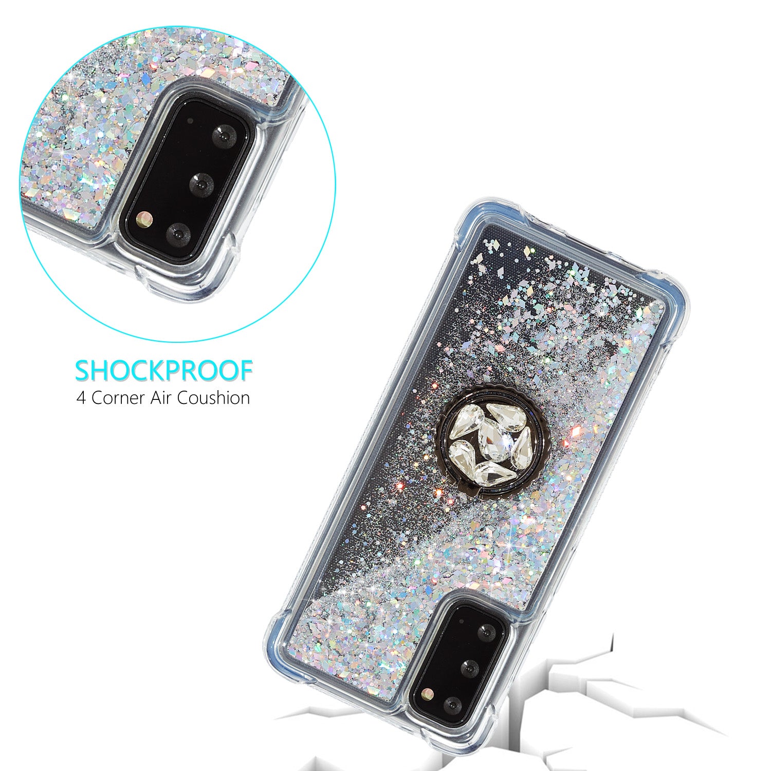 Glitter Powder Quicksand Rhinestone Decor Kickstand TPU Phone Cover for Samsung Galaxy S20 4G/S20 5G - Silver