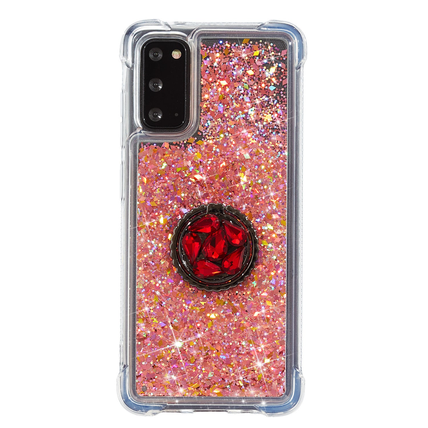 Glitter Powder Quicksand Rhinestone Decor Kickstand TPU Phone Cover for Samsung Galaxy S20 4G/S20 5G - Red