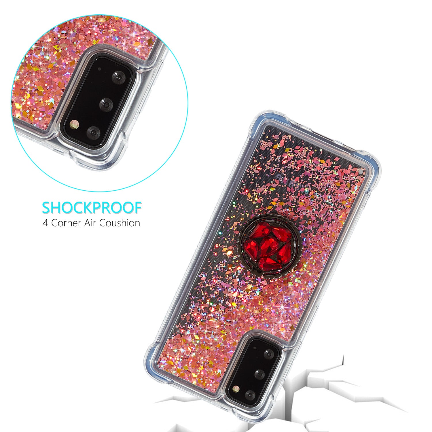 Glitter Powder Quicksand Rhinestone Decor Kickstand TPU Phone Cover for Samsung Galaxy S20 4G/S20 5G - Red