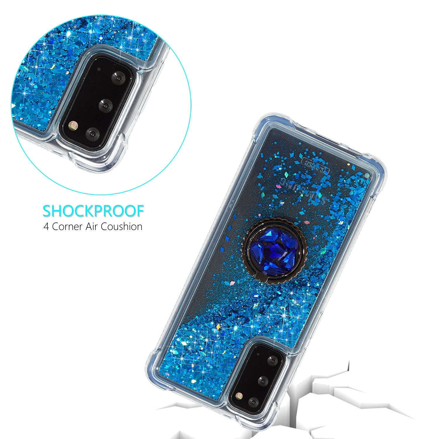 Glitter Powder Quicksand Rhinestone Decor Kickstand TPU Phone Cover for Samsung Galaxy S20 4G/S20 5G - Blue