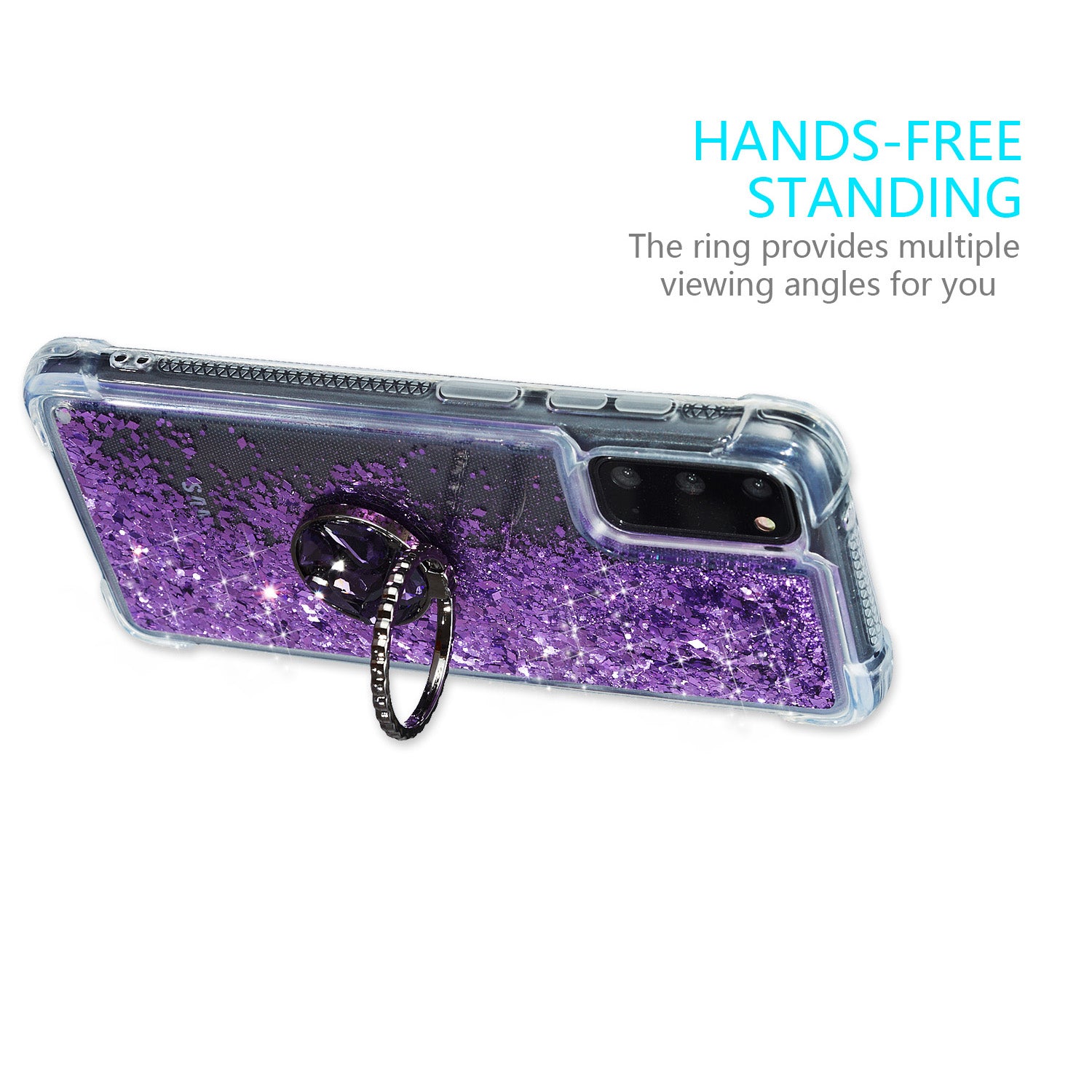 Glitter Powder Quicksand Rhinestone Decor Kickstand TPU Phone Cover for Samsung Galaxy S20 4G/S20 5G - Purple