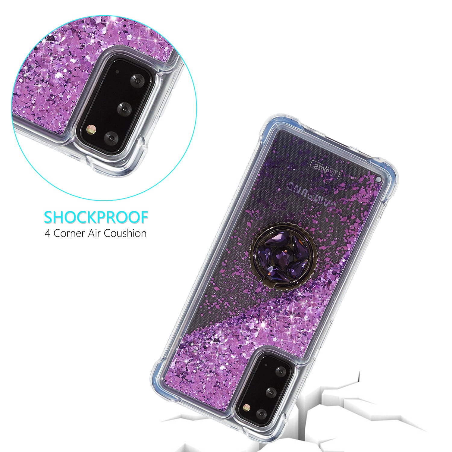 Glitter Powder Quicksand Rhinestone Decor Kickstand TPU Phone Cover for Samsung Galaxy S20 4G/S20 5G - Purple