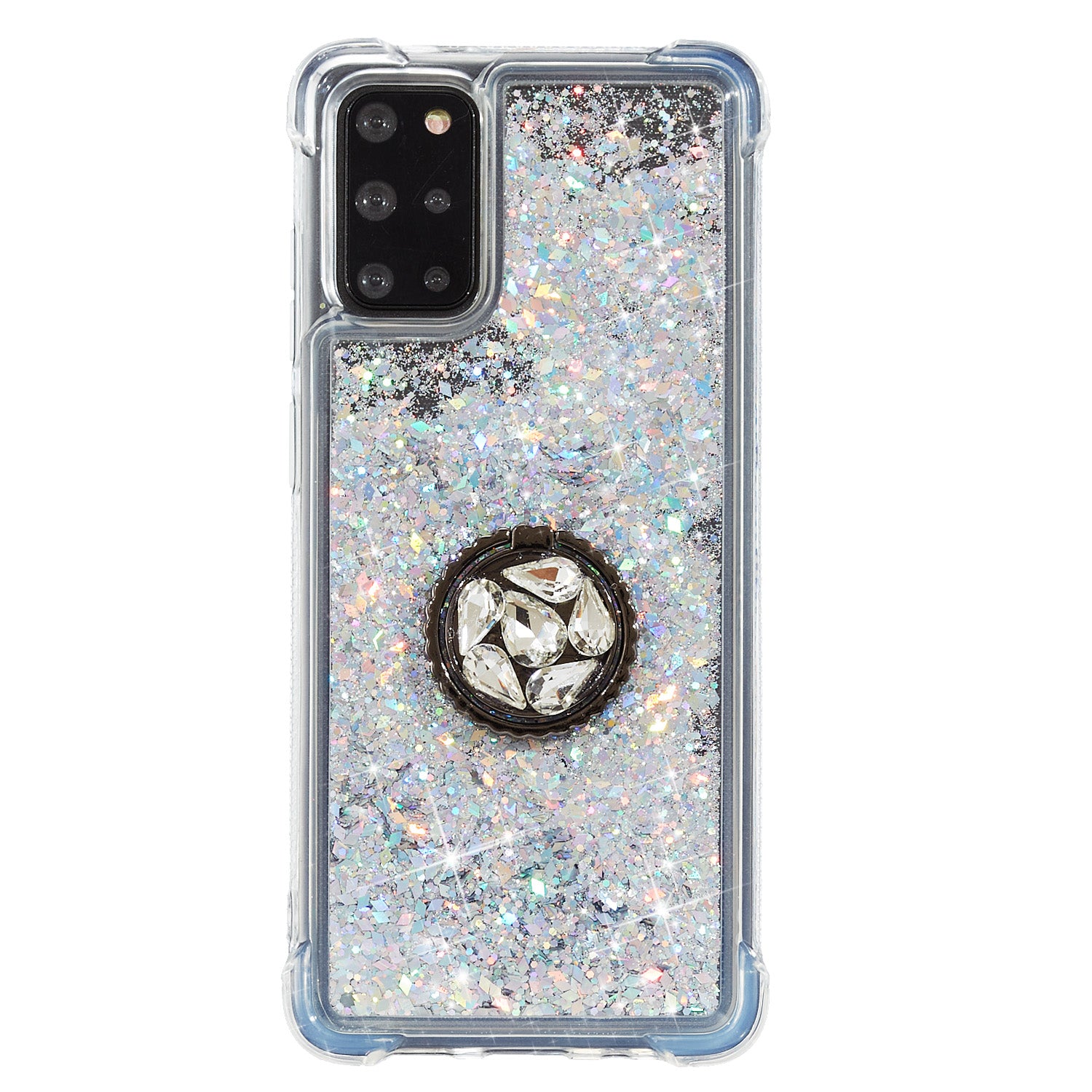 Glitter Powder Quicksand Rhinestone Decor Kickstand TPU Phone Cover for Samsung Galaxy S20 Plus / S20 Plus 5G - Silver