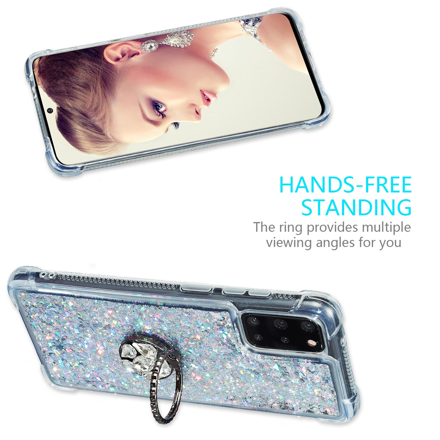 Glitter Powder Quicksand Rhinestone Decor Kickstand TPU Phone Cover for Samsung Galaxy S20 Plus / S20 Plus 5G - Silver