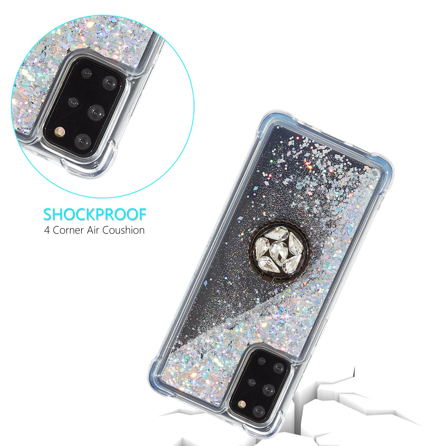 Glitter Powder Quicksand Rhinestone Decor Kickstand TPU Phone Cover for Samsung Galaxy S20 Plus / S20 Plus 5G - Silver