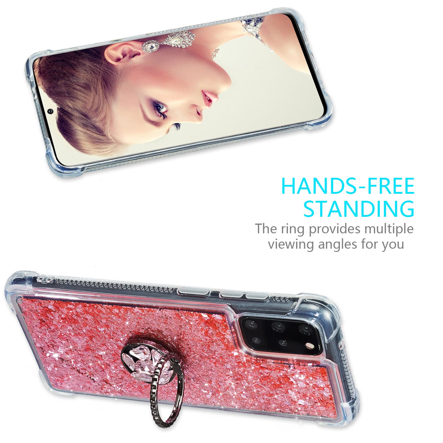 Glitter Powder Quicksand Rhinestone Decor Kickstand TPU Phone Cover for Samsung Galaxy S20 Plus / S20 Plus 5G - Pink