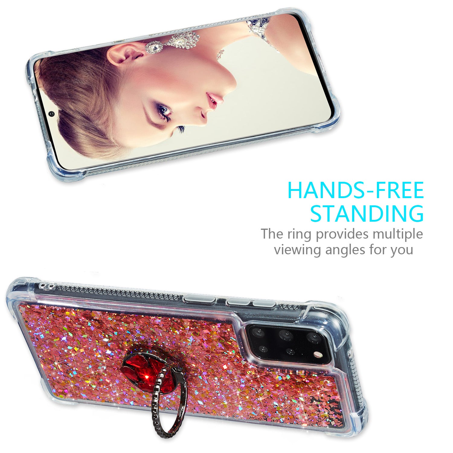 Glitter Powder Quicksand Rhinestone Decor Kickstand TPU Phone Cover for Samsung Galaxy S20 Plus / S20 Plus 5G - Red