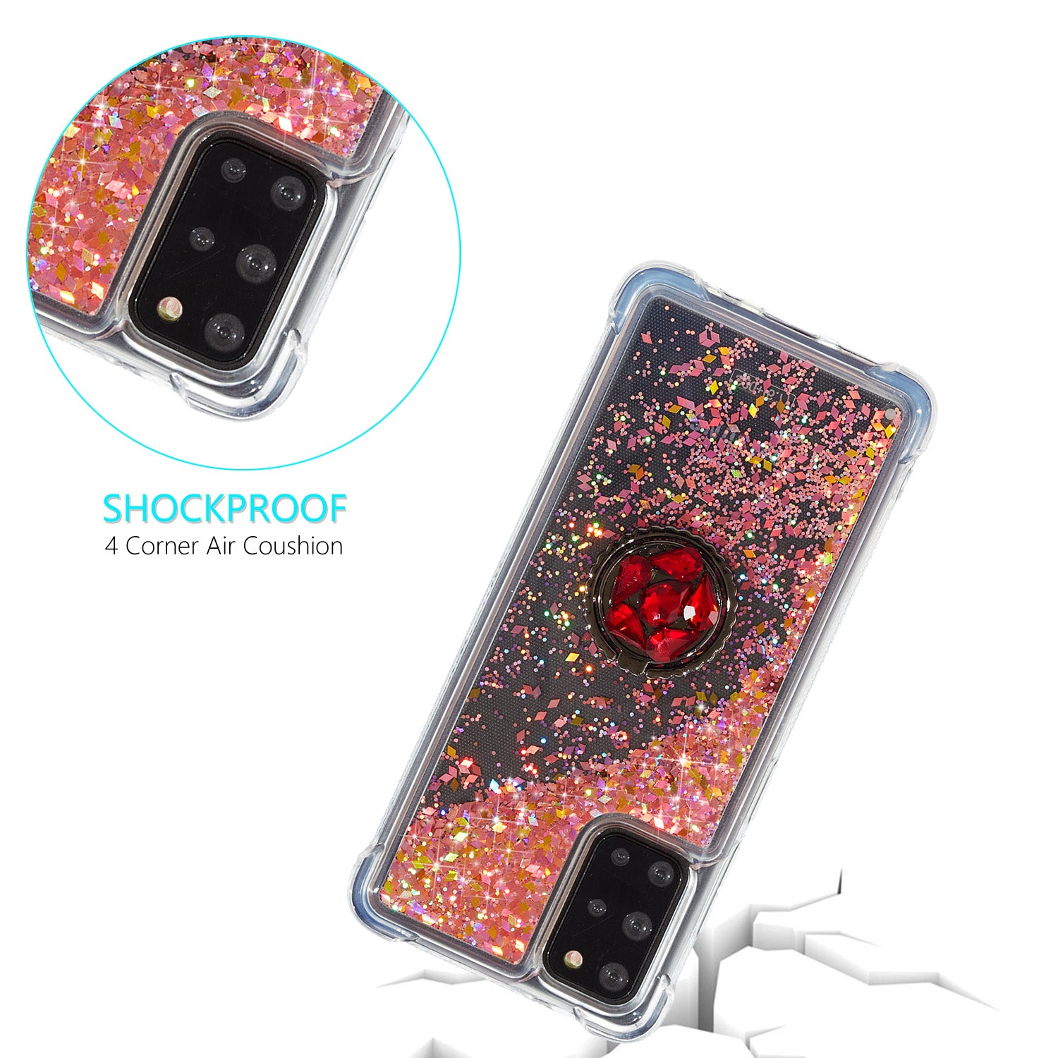 Glitter Powder Quicksand Rhinestone Decor Kickstand TPU Phone Cover for Samsung Galaxy S20 Plus / S20 Plus 5G - Red