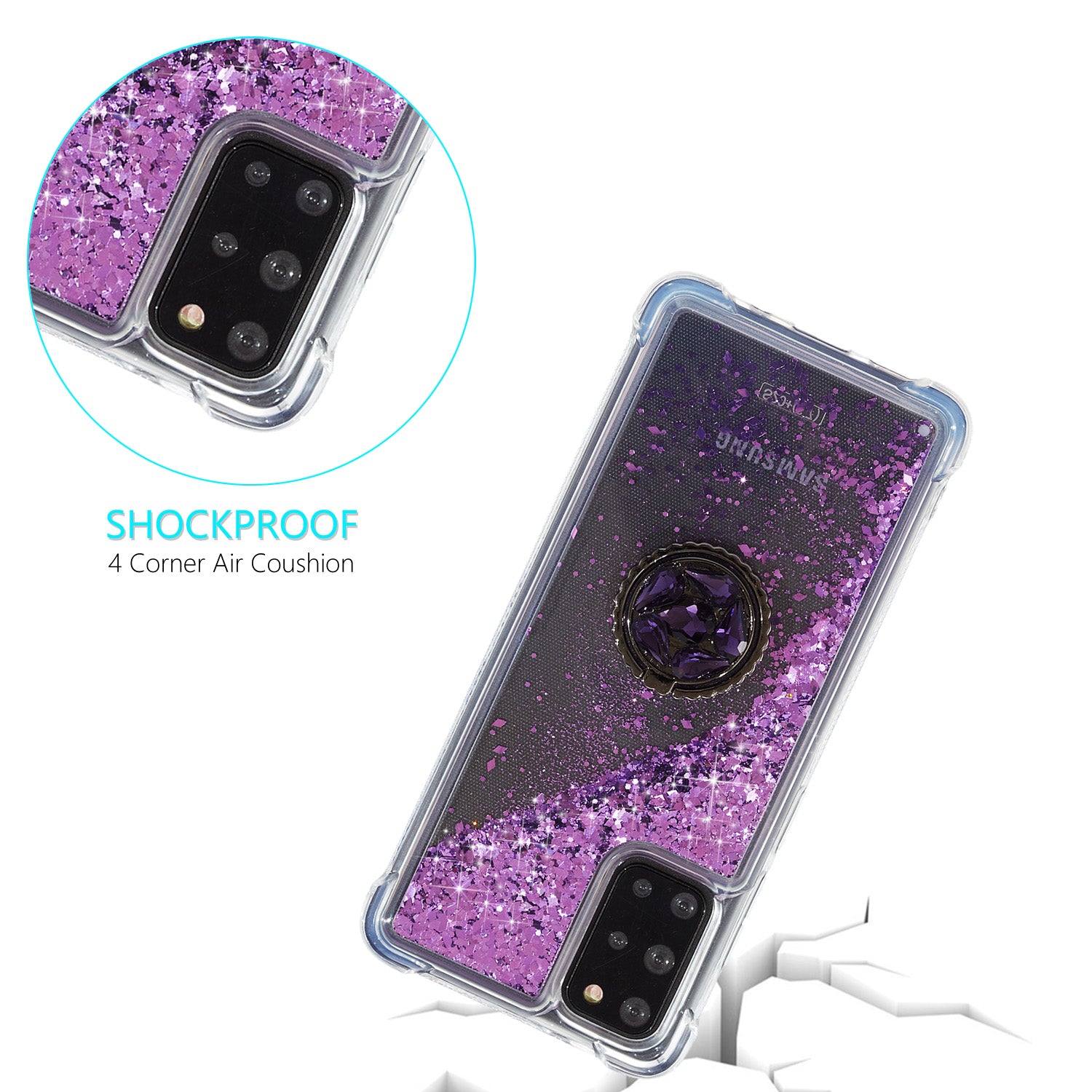 Glitter Powder Quicksand Rhinestone Decor Kickstand TPU Phone Cover for Samsung Galaxy S20 Plus / S20 Plus 5G - Purple