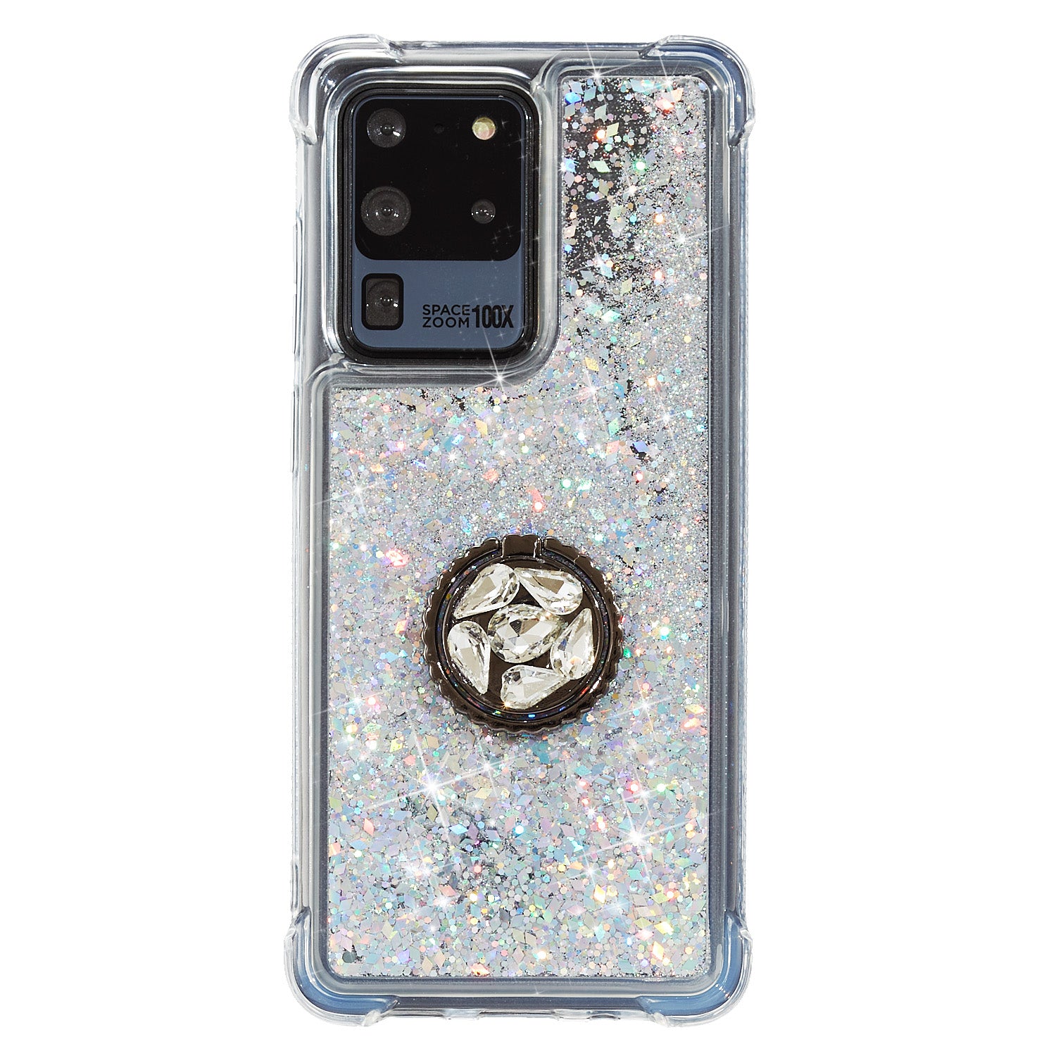 Glitter Powder Quicksand Rhinestone Decor Kickstand TPU Phone Cover for Samsung Galaxy S20 Ultra - Silver