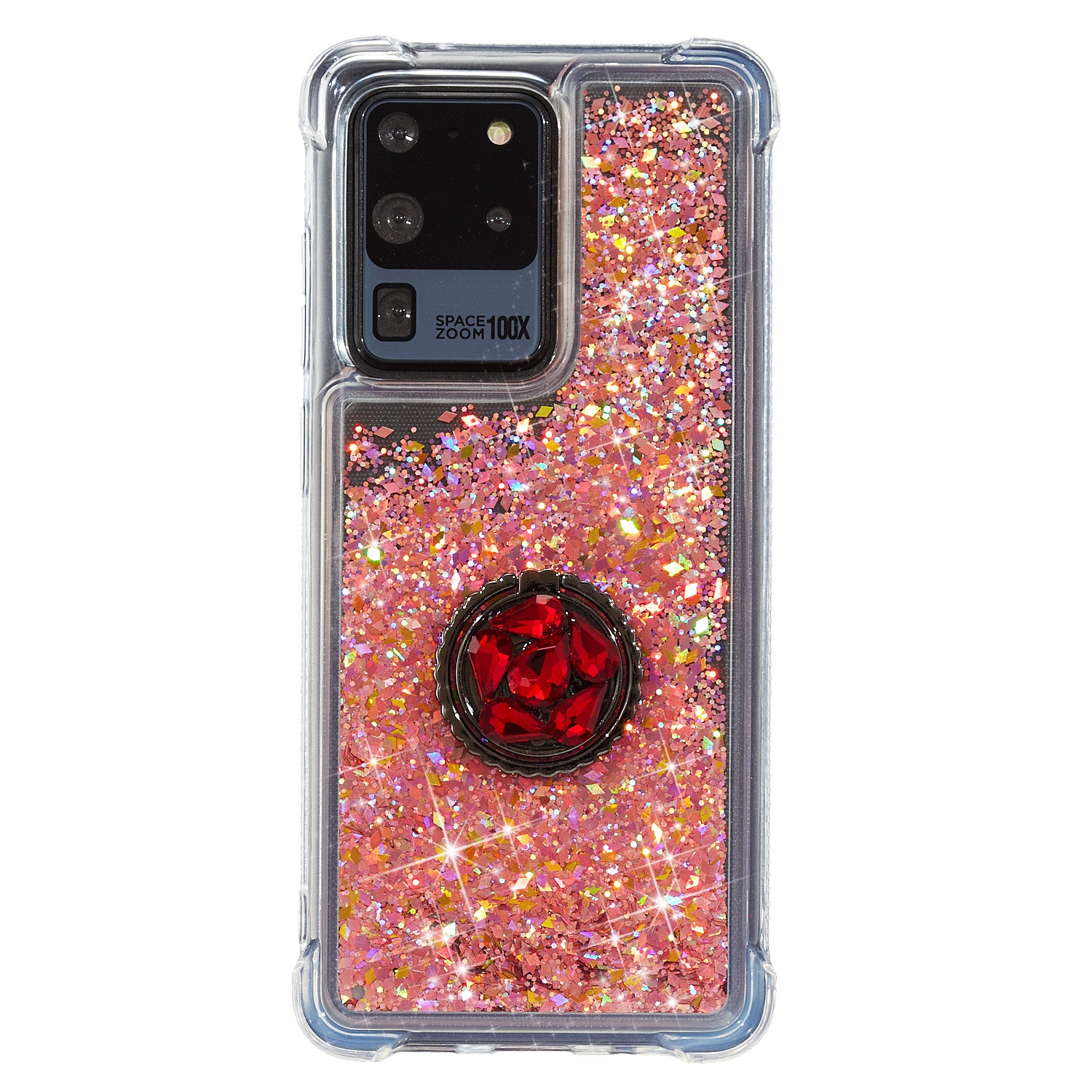 Glitter Powder Quicksand Rhinestone Decor Kickstand TPU Phone Cover for Samsung Galaxy S20 Ultra - Red