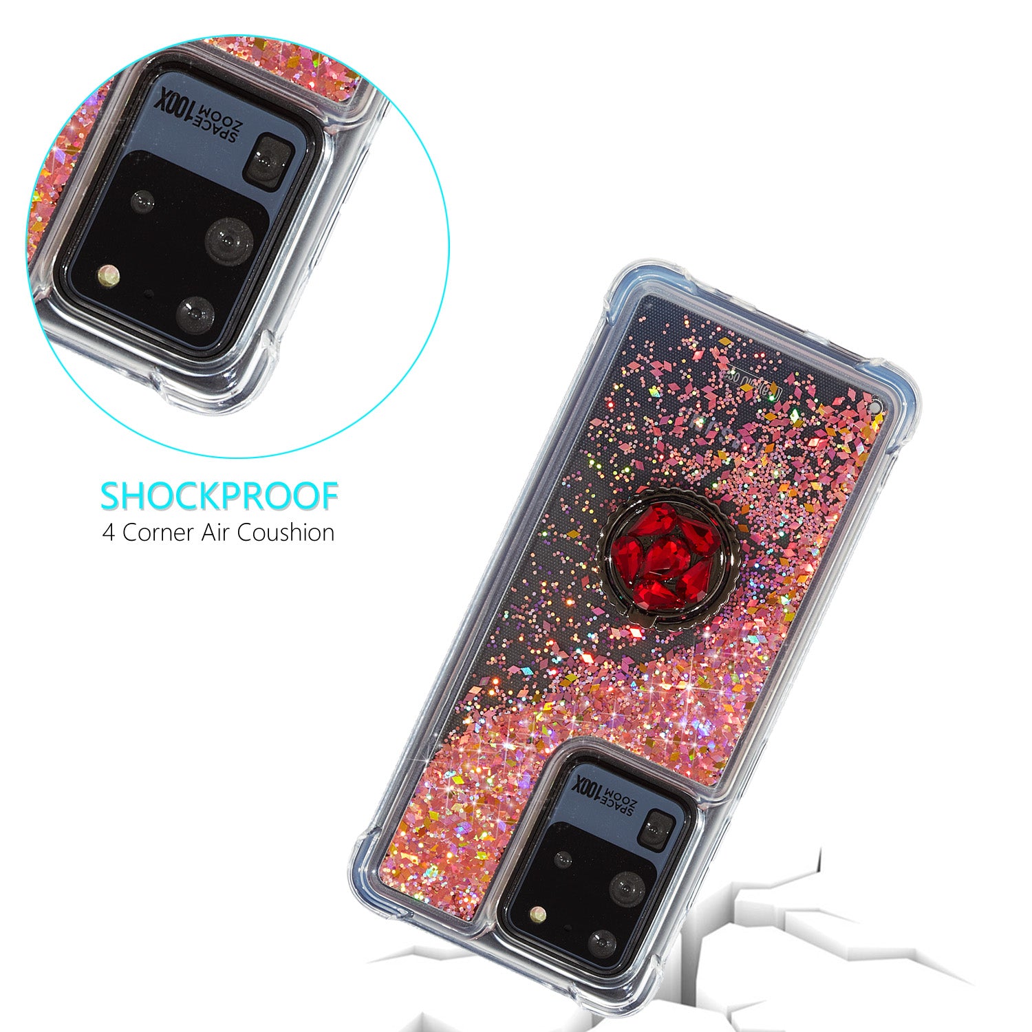 Glitter Powder Quicksand Rhinestone Decor Kickstand TPU Phone Cover for Samsung Galaxy S20 Ultra - Red