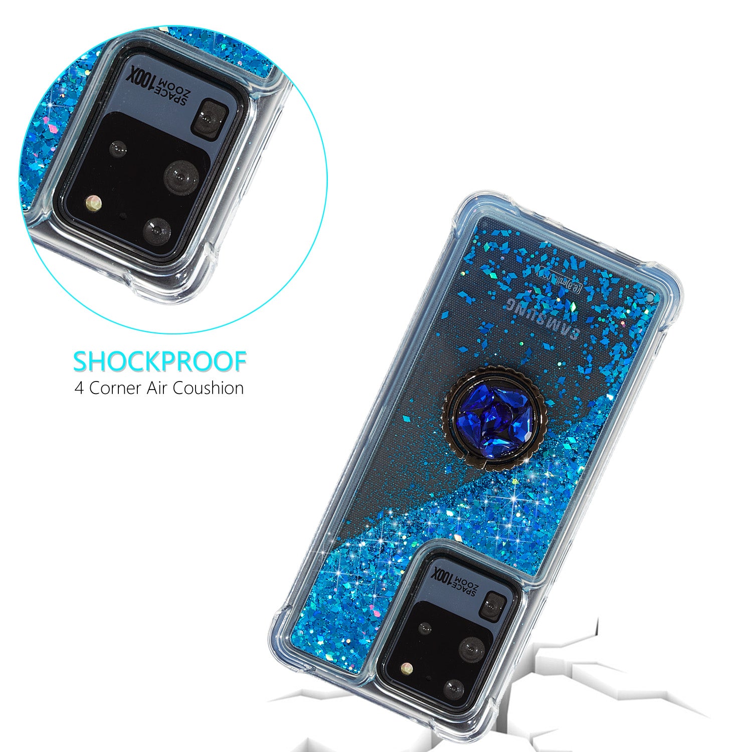 Glitter Powder Quicksand Rhinestone Decor Kickstand TPU Phone Cover for Samsung Galaxy S20 Ultra - Blue