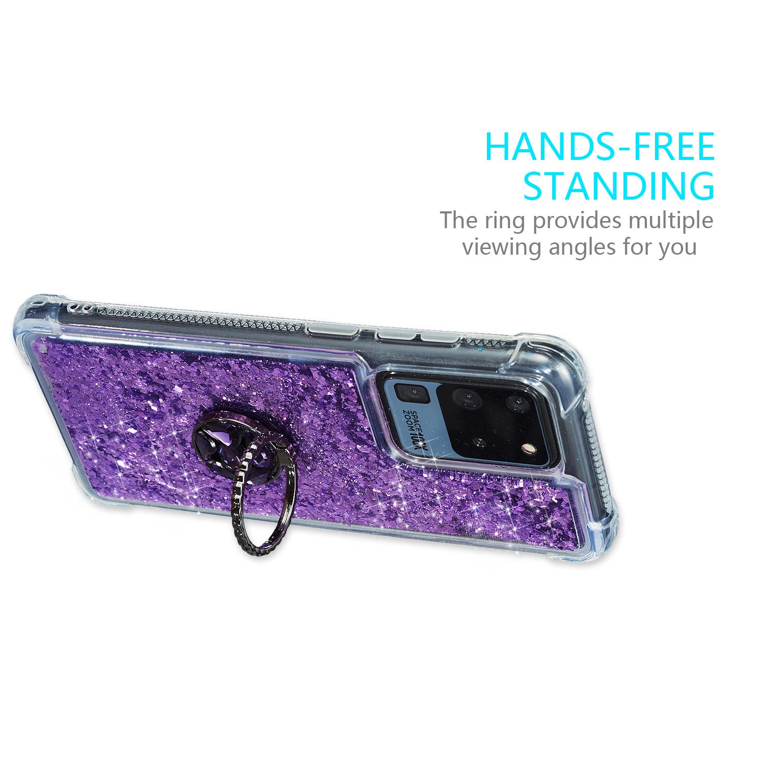 Glitter Powder Quicksand Rhinestone Decor Kickstand TPU Phone Cover for Samsung Galaxy S20 Ultra - Purple