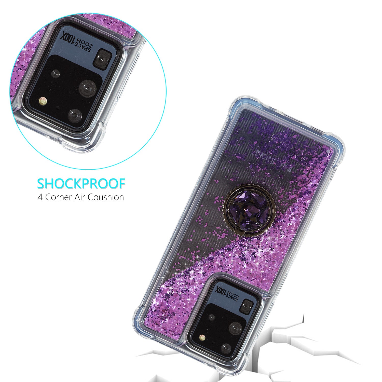 Glitter Powder Quicksand Rhinestone Decor Kickstand TPU Phone Cover for Samsung Galaxy S20 Ultra - Purple