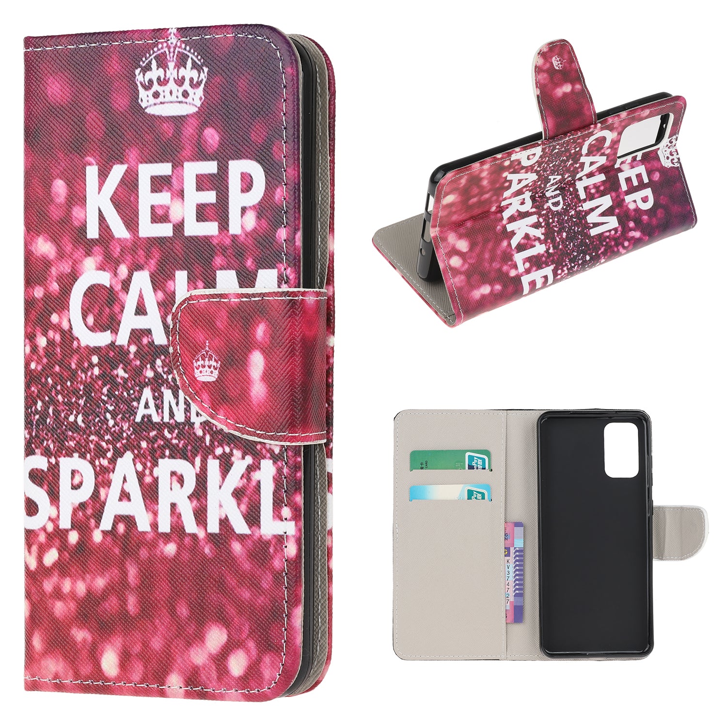 Patterned Cross Texture Leather Protector Wallet Case for Samsung Galaxy S20 Lite/S20 Fan Edition - Keep Calm and Sparkle