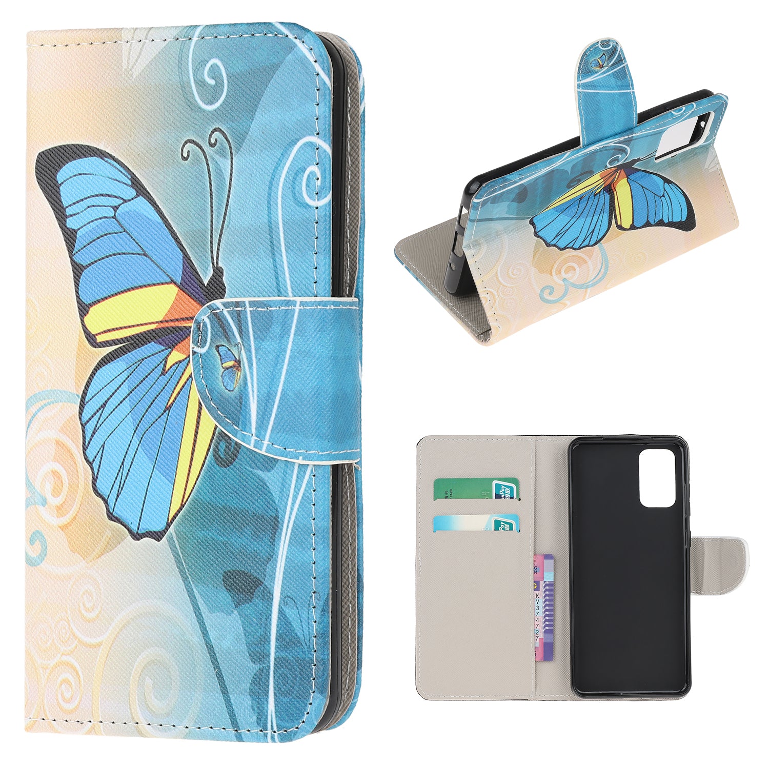 Patterned Cross Texture Leather Protector Wallet Case for Samsung Galaxy S20 Lite/S20 Fan Edition - Blue Butterfly