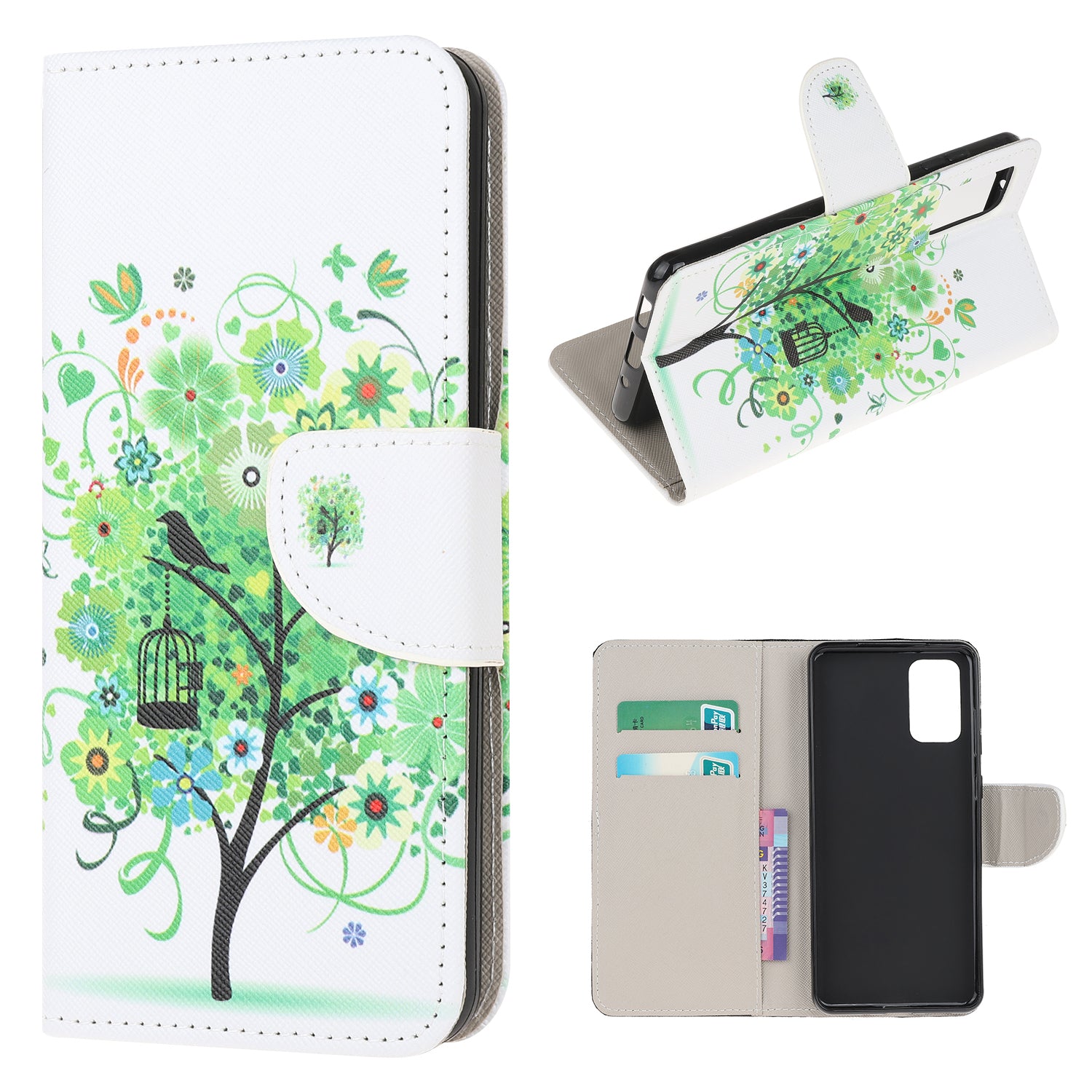 Patterned Cross Texture Leather Protector Wallet Case for Samsung Galaxy S20 Lite/S20 Fan Edition - Green Tree